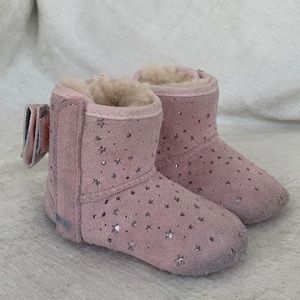 UGG Baby Girls Pink Suede Metallic Silver Stars Bow Boots